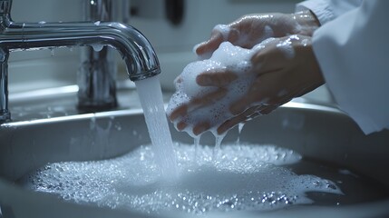 Fototapeta premium Close-up of hands washing thoroughly with soap and water under a faucet in a sink. The focus is on the lather and running water.