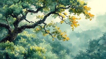 Majestic oak tree branch extending over misty forest, showcasing autumn foliage.