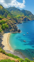 Fototapeta premium Stunning Mediterranean Coastal Cliffline with Lush Greenery, Turquoise Waters, Sandy Beach, and Anchored Boats Under Clear Blue Sky - Ideal Travel Destination