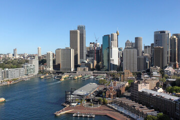 Naklejka premium Sydney, Australia - September 2010. City Skyline at Circular Quay, Sydney, Australia. View from the Pylon Lookout located the southern eastern end of the Sydney Harbour Bridge.