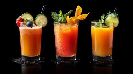 Fototapeta premium Vibrant Juices with Creative Garnishes on Black Background