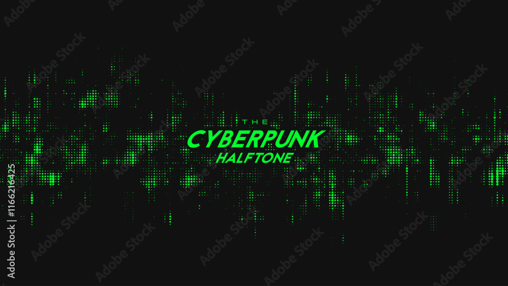 Poster abstract vector green cyberpunk halftone sound wave. scrathed dotted texture element.
