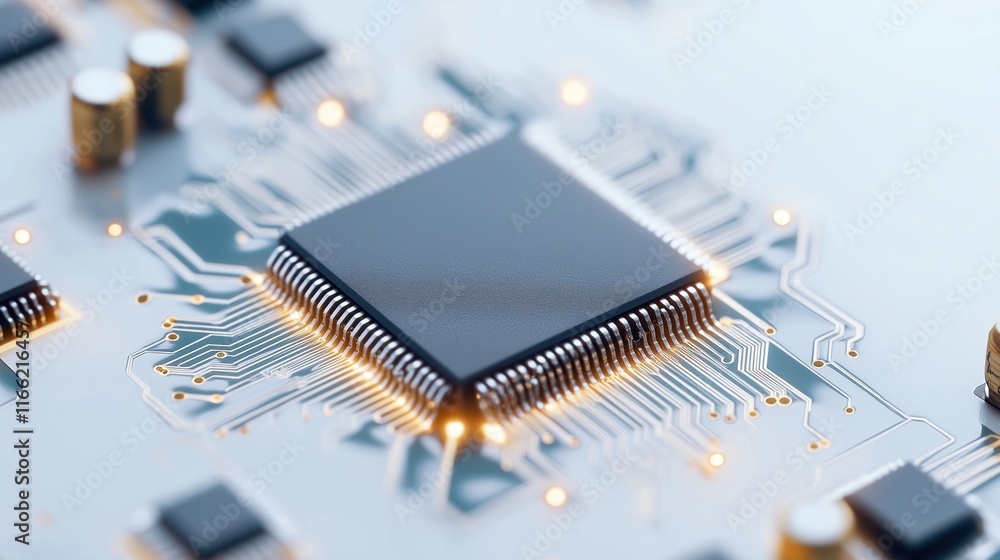 Poster closeup view of advanced tech circuit board. microchips, wireless circuit elements show cutting edge