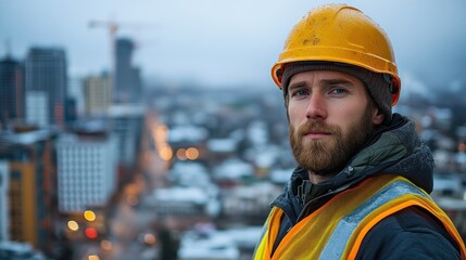 Construction worker in urban setting with safety gear.