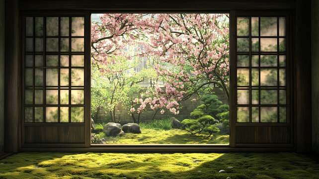 小窓越しに見る春の苔庭と梅の花