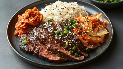 Fototapeta premium Grilled Beef with Kimchi Rice and Sesame Seeds