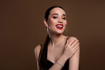 Photo of adorable stunning lady dressed black bra prepare glamour party empty space isolated beige...