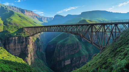 深い谷を渡る鉄橋と線路、晴れ渡る山岳風景