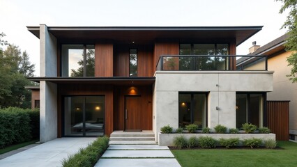 Fototapeta premium Exposed concrete mixed with dark wooden walls and sleek metal accents creates a bold, industrial yet warm façade. Large windows and a minimalist metal-framed door add modern sophistication.