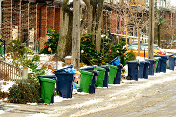 green economy: compost and recycling bins waiting for collection on a residential street shot in...