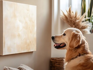 Golden Retriever Gazing at Abstract Beige Canvas Art