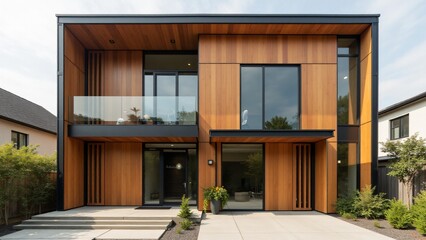 Fototapeta premium Contemporary façade with natural wood panels in a grid pattern, large glass sections framed in black metal, minimalist metal door handle, and a slight overhang for modern elegance.