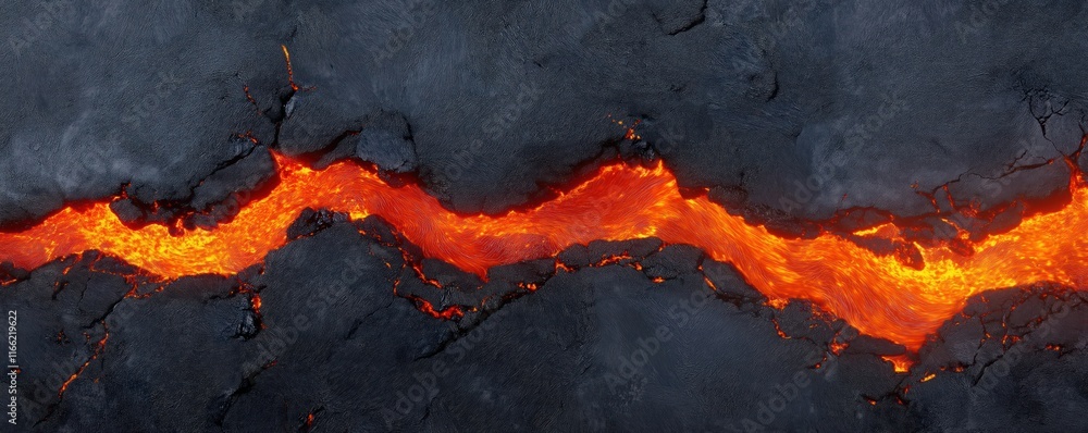 Poster molten lava flows through fractured volcanic rock. lava stream displays dynamic patterns. natural ea