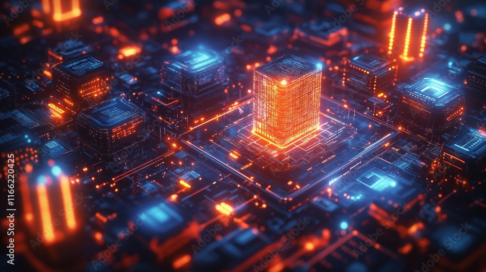 Poster digital tech illustration shows evolving application development. futuristic city structure on elect