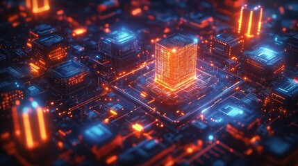 Obraz premium Digital tech illustration shows evolving application development. Futuristic city structure on electronic circuit board. Artificial intelligence, digital transformation emphasized. Complex system of