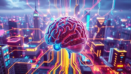 Digital Brain Over Futuristic Cityscape Network