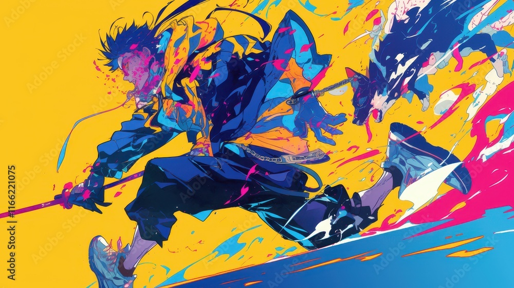 Poster a dynamic figure in motion, surrounded by vibrant colors and abstract shapes.
