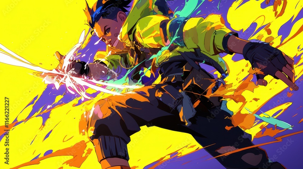 Poster a dynamic character in a vibrant, abstract setting wielding a glowing blade.