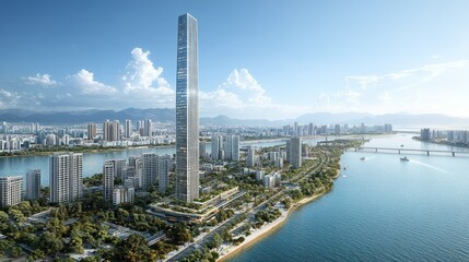 Obraz premium Aerial view of a modern cityscape with skyscrapers.