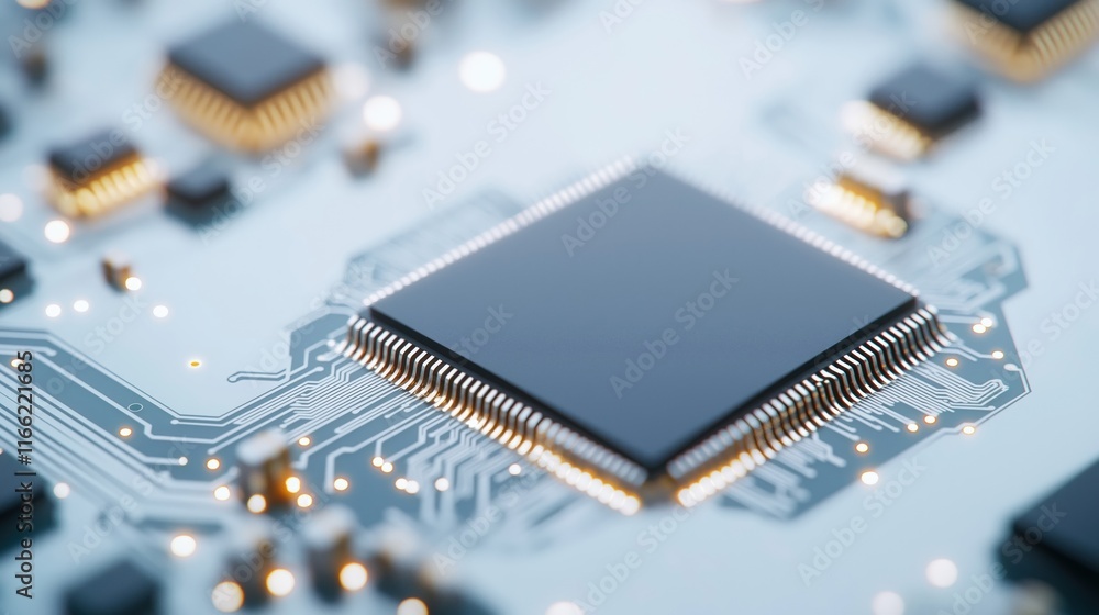 Poster closeup view of microchips, wireless circuit elements on clean white background. advanced tech compo