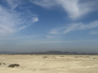 Vast desert landscape under a clear sky with distant mountains in the background during midday