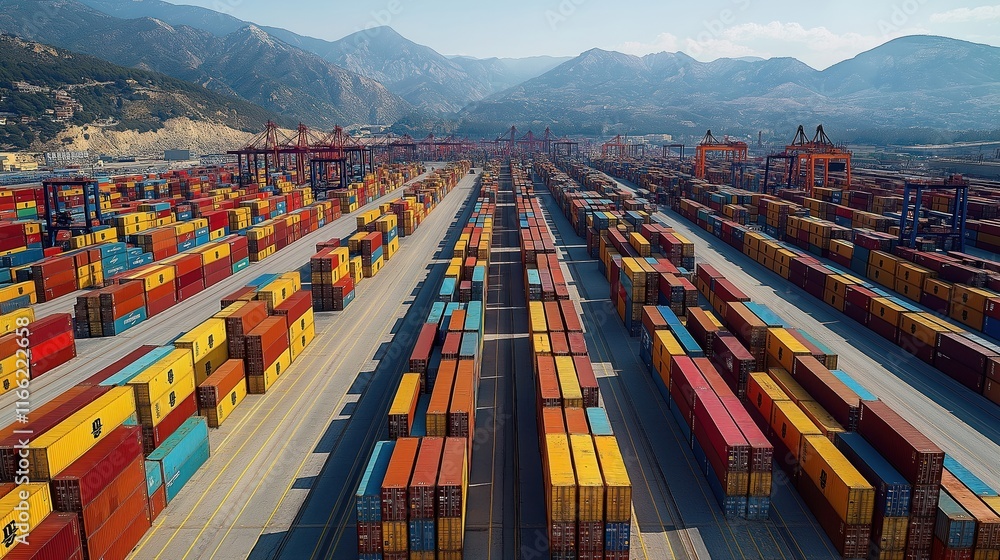 Poster aerial view of busy container terminal. many colorful shipping containers stacked high. lines of con
