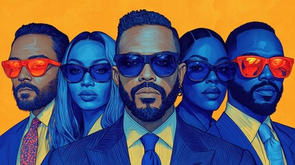 Group of stylish individuals in sunglasses against a vibrant background.