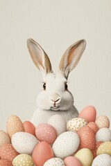 Obraz premium An adorable bunny amidst pastel eggs, symbolizing warmth, joy, and the charm of the Easter celebration.
