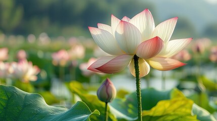 Obraz premium Beautiful lotus flower amidst serene water lilies.