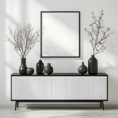 Modern Minimalist Console Table Decor: Black Vessels, Dried Branches, and a Blank Canvas, mockup