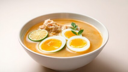 Creamy Chicken Soup with Egg and Lime Garnish