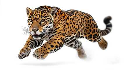 Naklejka premium Powerful jaguar leaps gracefully in nature. Big cat demonstrates agility. Wildlife photo shows animal in action. Spotted fur pattern distinctive. Jaguar predator mammal from South America. Wild