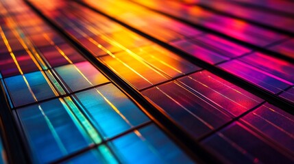 Vibrant Solar Panels in Colorful Light Display