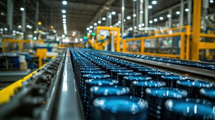 Industrial production line with bottles in a factory.