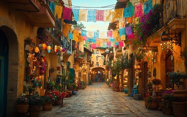 Obraz premium Festive, colorful street with shops and flowers.