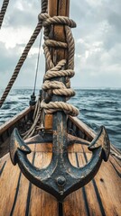 Close-up of an old, weathered ship's anchor secured to a wooden mast with thick ropes, set against a backdrop of a stormy sea.