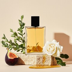Elegant perfume bottle with fig, rose, and honey.