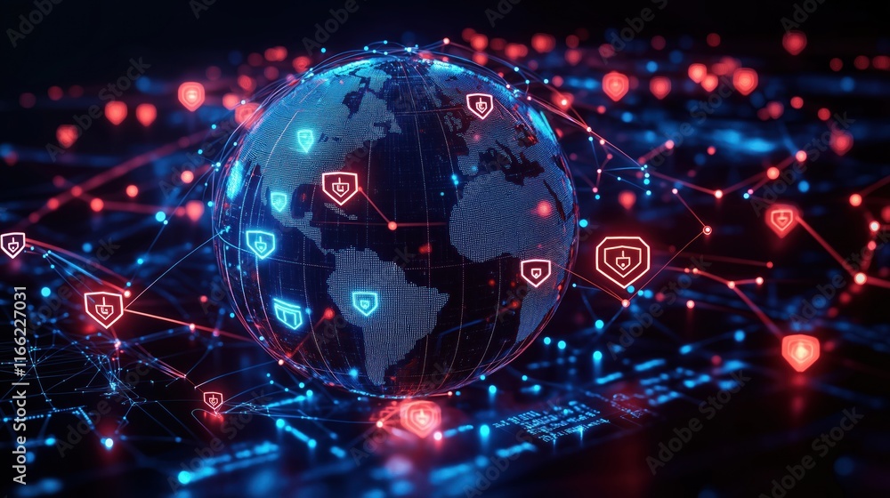 Poster global network connections, cybersecurity icons visualized on digital globe. protecting data in cybe