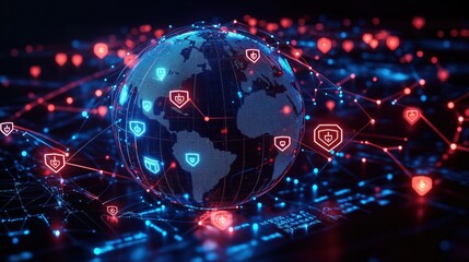 Fototapeta premium Global network connections, cybersecurity icons visualized on digital globe. Protecting data in cyberspace. Secure tech platform for communication, information. Global security network illustrated.
