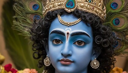Close-up of Lord Krishna with Blue Skin, Curly Hair, and Peacock Feather in Crown, head Up