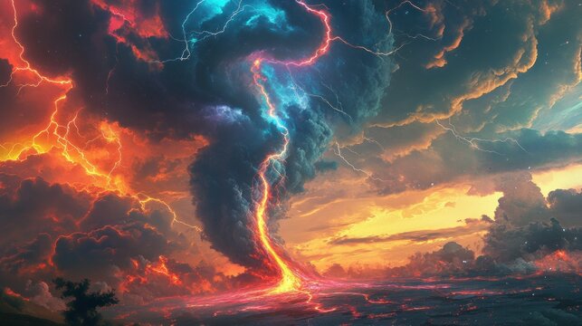 Fiery tornado with lightning strikes amidst dark clouds and a fiery landscape.