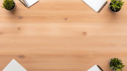 A clean wooden workspace featuring blank notebooks and small potted plants, creating a serene and organized environment.