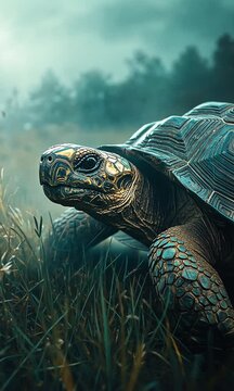 A wise-looking old tortoise in a grassy meadow