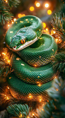 Fototapeta premium Green snake coiled gracefully among glowing golden holiday lights. Chinese New Year wallpaper.