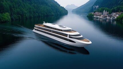 A modern cruise ship navigating a serene river landscape.