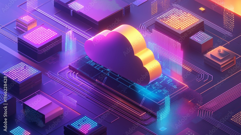 Poster stylized 3d rendering of a cloud icon positioned on a circuit board, symbolizing cloud computing inf