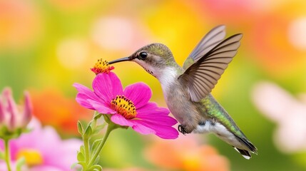 Naklejka premium Hummingbird feeds on bright pink flower. Tiny bird hovers near flower. Close-up shows wildlife detail. Nature scene captures beauty of small hummingbird. Vibrant colors highlight natural world.