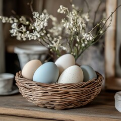 A rustic basket brimming with colorful eggs, surrounded by delicate branches for a charming and artistic touch.