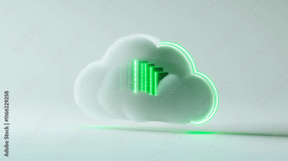 Poster a stylized 3d cloud icon with a neon green bar graph inside, suggesting efficient cloud data storage