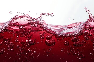 Close-up of vibrant red liquid with splashing waves and bubbles